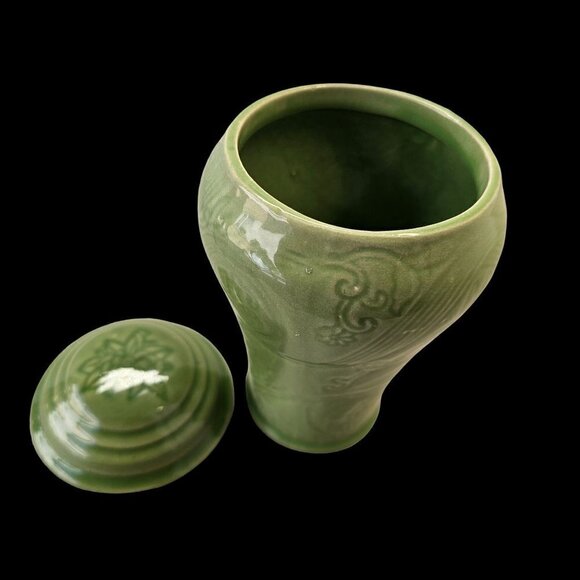 70s Max Factor Covered Ceramic Container Jar for Khara Fantasy Milk Bath Green - Picture 4 of 7